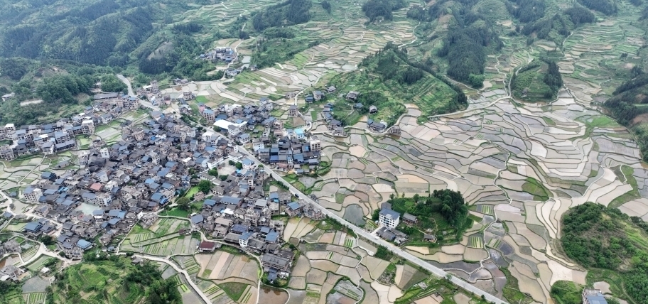 航拍广西侗乡春耕图景 田地交错宛如“调色盘”