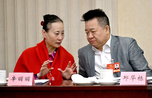 在文艺界小组讨论会间隙，辛丽丽委员（左）(6582558)-20250306171127