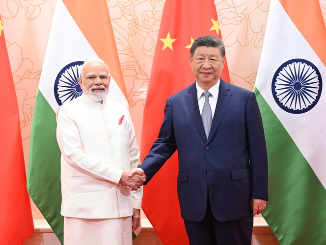 8月31日中午，国家主席习近平在天津迎宾馆会见来华出席2025年上海合作组织峰会的印度总理莫迪。新华社记者 谢环驰 摄