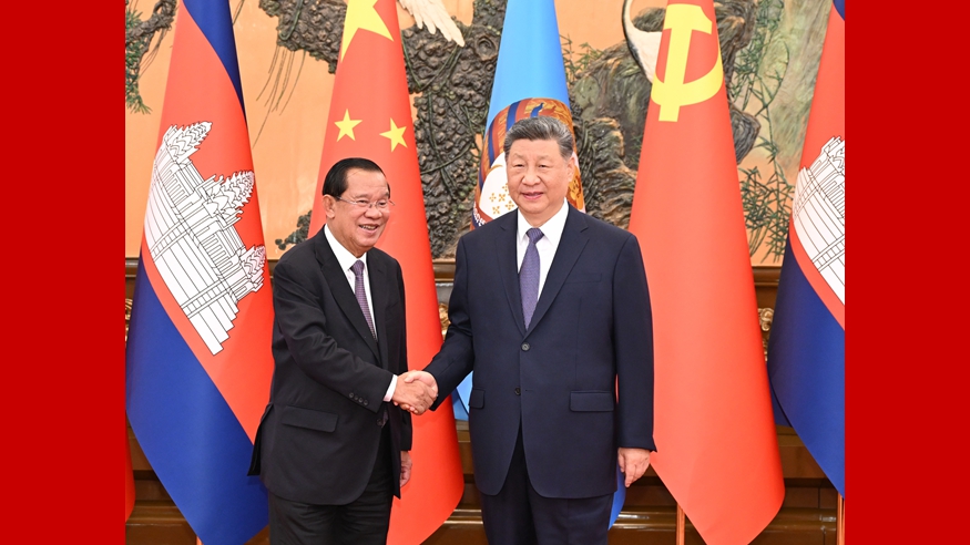  习近平会见柬埔寨人民党主席、参议院主席洪森