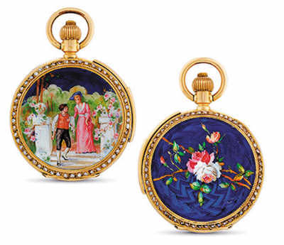 Invicta, 18K金及珐琅镶珍珠猎壳怀表，配三问功能，约1890年制，在香港佳士得2013年春拍中以18.75万港元（约合人民币15万元）成交。