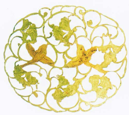 鎏金银棱平脱雀鸟团花纹秘色瓷碗纹饰 鎏金银棱平脱雀鸟团花纹秘色瓷碗纹饰