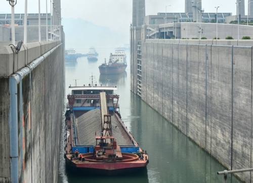 5月19日，船舶从三峡库区上游开进一闸室待闸。