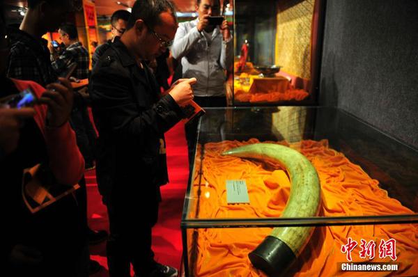 图为游客参观1954年十四世达赖喇嘛敬献给毛泽东的镶铜象牙。