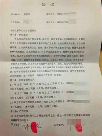 男女双方签署的协议书。