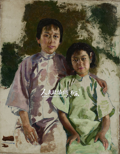 徐悲鸿《孙佩苍夫人与女儿画像》84X66.5 cm_副本