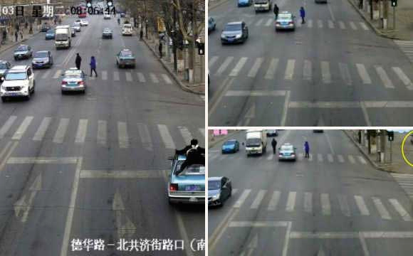 交警遭黑出租顶撞-趴车顶被带1公里后摔下昏迷3