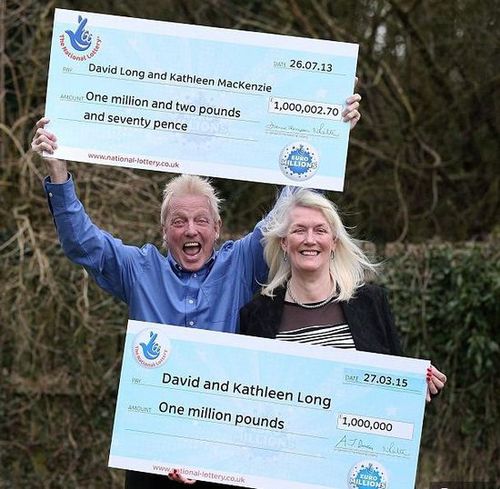 英国幸运夫妇戴维和凯斯琳-隆恩(David 与Kathleen Long)近日购买彩票赢得100万英镑(约合918万元人民币)的大奖，而他们刚刚在两年前中了同样金额的大奖，几率仅为2830亿分之一。图片来源：美联社。