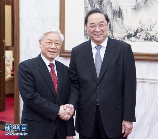 4月8日，中共中央政治局常委、全国政协主席俞正声在北京会见越共中央总书记阮富仲。 新华社记者 王晔 摄