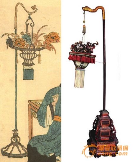 嘉庆间桃花坞版画花篮;养心殿东暖阁挑杆花篮。 嘉庆间桃花坞版画花篮;养心殿东暖阁挑杆花篮。
