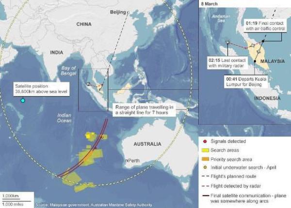 马航MH370客机最后的飞行轨迹图。[!--empirenews.page--]