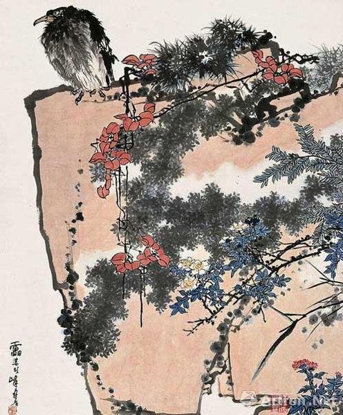 　潘天寿《鹰石山花图》