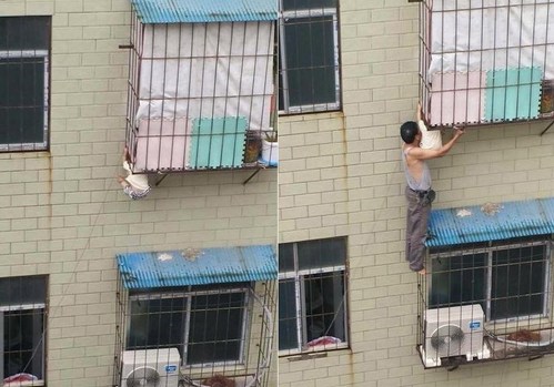 托举爷爷 托举大爷 男童被卡阳台护栏 托举被卡男童
