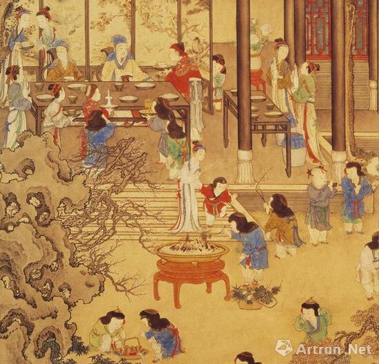 清 姚文瀚《岁朝欢庆图》(局部)82.4cmx55cm 纸本设色 台北故宫博物院藏
