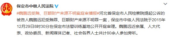 能源局原副司长魏鹏远受贿、巨额财产来源不明案开庭
