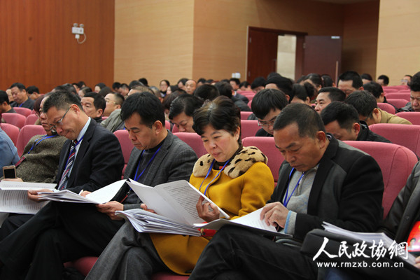 区政协委员在认真听取和审议常委会工作报告和提案工作报告。