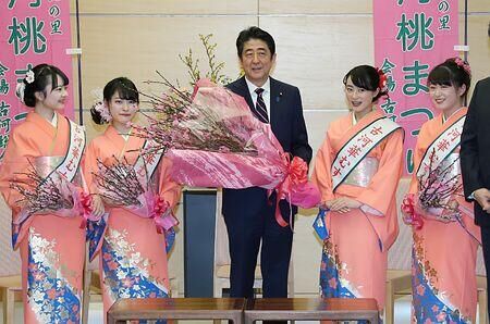 安倍接受茨城县美女献桃花喜笑颜开赞花很美很香