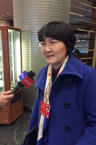全国政协委员、民建中央调研部部长蔡玲在驻地接受采访。人民网记者 刘茸摄