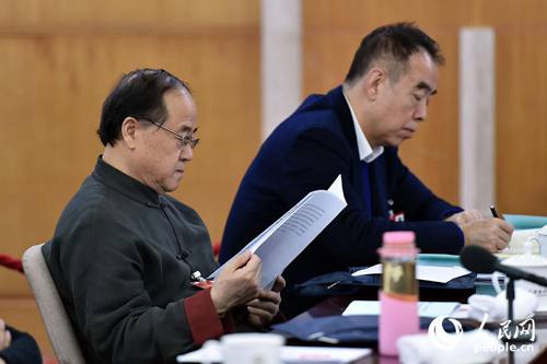全国政协委员莫言（左）和陈凯歌在小组讨论会上。（记者 翁奇羽 摄）