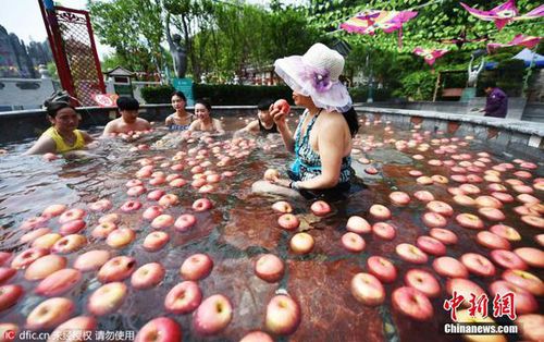 洛阳一景区办奇葩“温泉水果浴” 苹果黄瓜连泡带吃