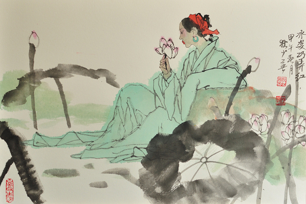 2、《冰姿巧弄红》，狄少英，45x65cm，纸本设色，2015