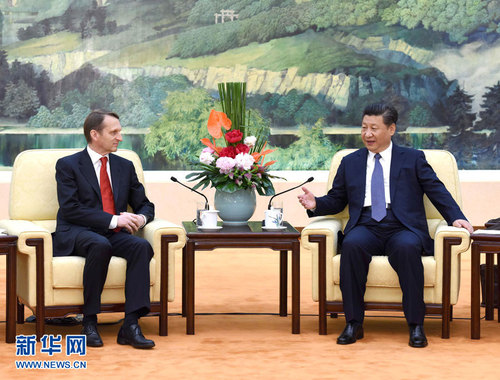 5月5日，国家主席习近平在北京人民大会堂会见俄罗斯国家杜马主席纳雷什金。 新华社记者 饶爱民 摄