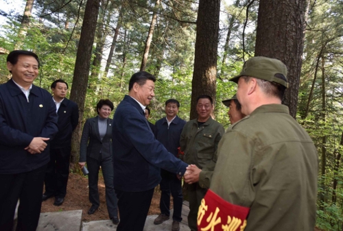 新华社照片，哈尔滨，2016年5月25日
    习近平在黑龙江考察
    5月23日至25日，中共中央总书记、国家主席、中央军委主席习近平在黑龙江考察调研。
    这是5月23日下午，习近平在上甘岭林业局溪水国家森林公园视察时，叮嘱林场工作人员一定要把森林资源保护好。
    新华社记者 李涛 摄