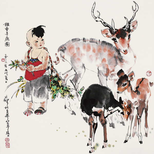 《稚童灵鹿图》_68cmx68cm_李延声作_2006