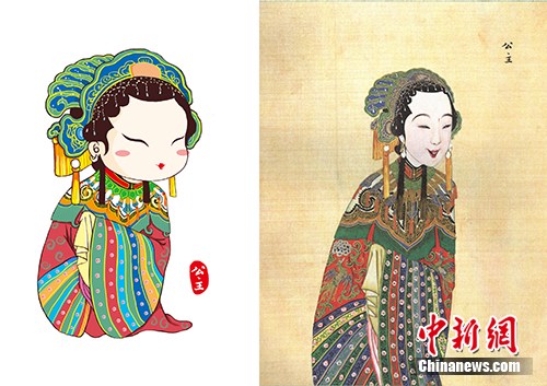 　　以国图馆藏《庆赏升平》为基础设计的公主形象（左），右图为《庆赏升平》中的公主形象。国家图书馆供图