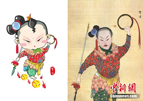 　　以国图馆藏《庆赏升平》为基础设计的哪吒形象（左），右图为《庆赏升平》中的哪吒形象。国家图书馆供图