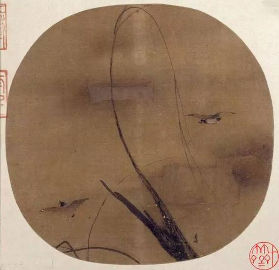《秋柳双鸦图页》 宋，梁楷，纨扇页，绢本设色，

纵24.7cm，横25.7cm