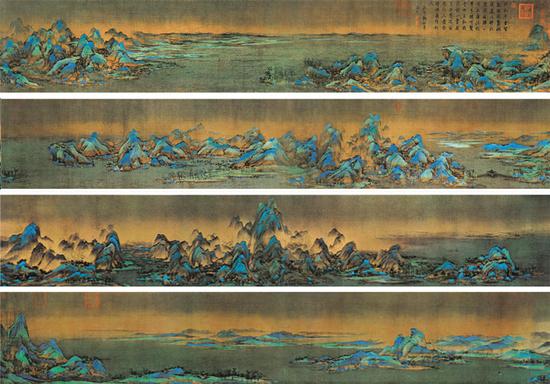 王希孟《千里江山图》，绢本青绿设色，纵51.5厘米、横1191.5厘米，北京故宫博物院藏
