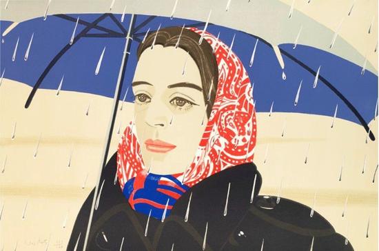 亚历克斯·卡茨画笔下的妻子阿达（Ada），《蓝雨伞》（Blue Umbrella ，1979）