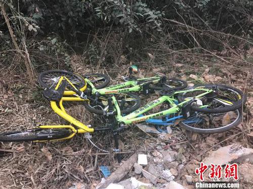 图说：现场虽有四辆共享单车“幸免于火”，但其坐垫均不知所踪。　周夏 摄