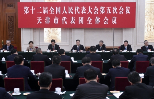 3月6日，中共中央政治局常委、国务院副总理张高丽参加十二届全国人大五次会议天津代表团的审议。  新华社记者 燕雁 摄