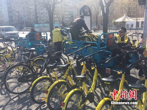 某家共享单车企业运维人员正将故障车放进三轮车内，集中收回。<a target='_blank' href='http://www.chinanews.com/' >中新网</a> 吴涛 摄