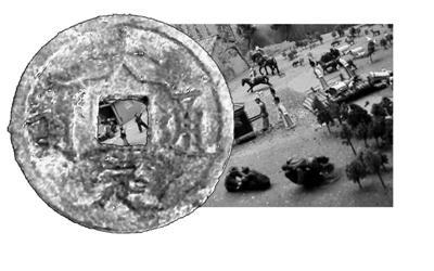 　　展现金人生活场景的雕塑和金代货币。