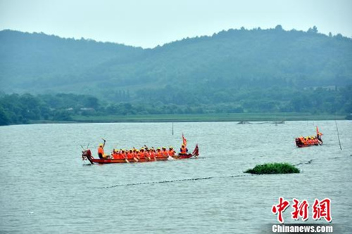 资料图：江南水乡端午节前龙舟“发船” 祈风调雨顺。龙舟在湖中辟波斩浪。　万朝晖 摄
