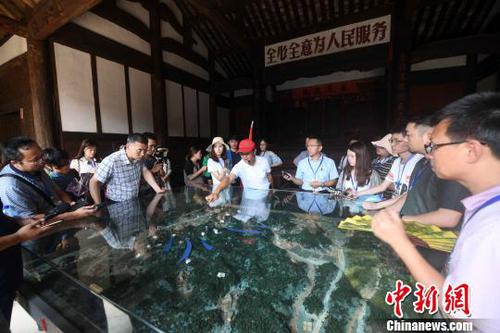 参加活动的记者在福建龙岩市长汀县南山镇的红军长征出发地——中复村采访。　张斌 摄
