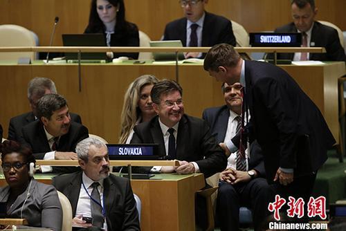 当地时间5月31日，第71届联合国大会正式选举斯洛伐克外长米罗斯拉夫·莱恰克为第72届联合国大会主席。莱恰克将于今年9月12日新一届联大开幕时上任。图为与会者向莱恰克致意。 <a target='_blank' href='http://www.chinanews.com/'>中新社</a>记者 廖攀 摄
