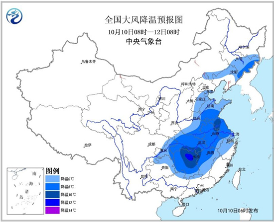 图1 全国大风降温预报图（10月10日08时-12日08时）