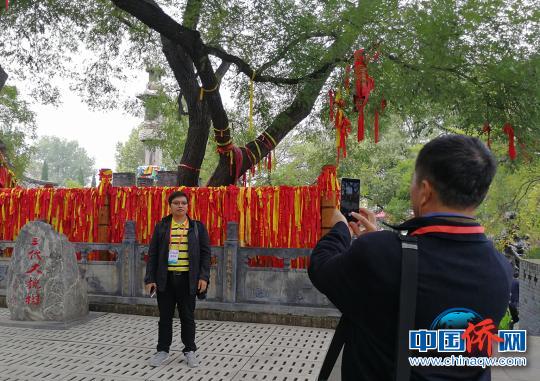 2017年“华文教育·示范学校华教机构负责人华夏行”活动嘉宾在洪洞大槐树下留影。　杨杰英 摄