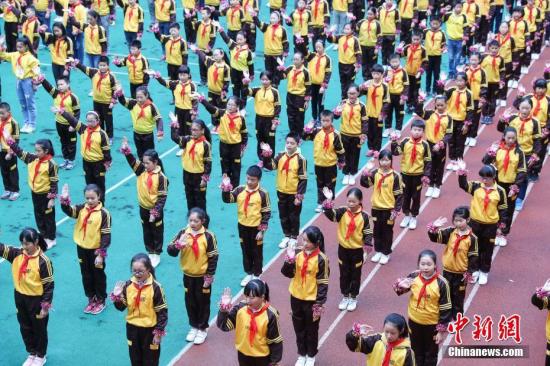 11月14日，贵阳市兴关小学学生在课间做戏曲广播操。。 <a target='_blank' href='http://www.chinanews.com/'>中新社</a>记者 贺俊怡 摄