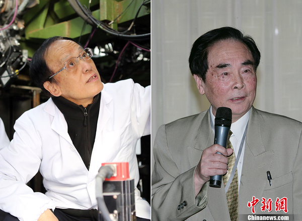 左图为2017年3月15日，王泽山院士在检测自动装置系统。右图为侯云德院士在2006年8月的禽流感国际会议上。