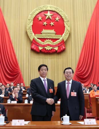 栗战书同张德江握手