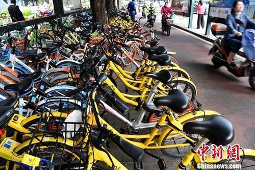 资料图：多个企业的共享单车扎堆停放在城市街头。<a target='_blank' href='http://www.chinanews.com/'>中新社</a>记者 张斌 摄