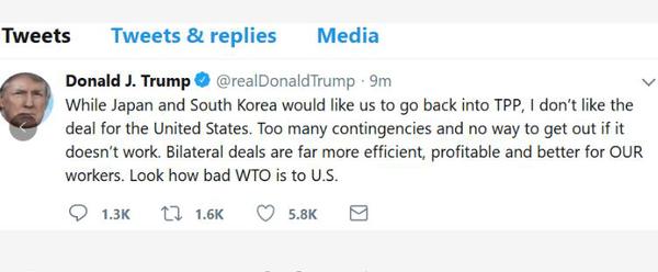 “虽然日本和韩国想让我们重返TPP，但我不喜欢美国涉及的那些条款。”