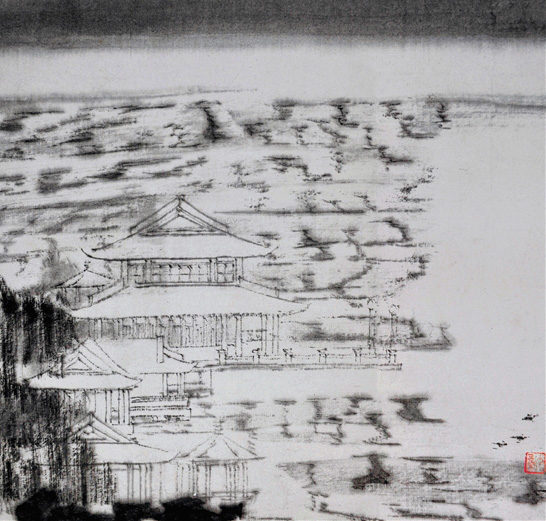 童中焘 平湖秋月 中国画 26×26cm