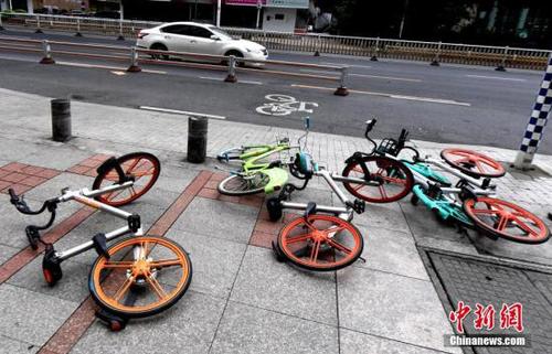 台风刮倒一地的共享单车随处可见。<a target='_blank' href='http://www.chinanews.com/'>中新社</a>记者 刘可耕 摄