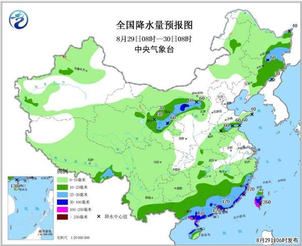 图2全国降水量预报图(8月29日08时-30日08时)